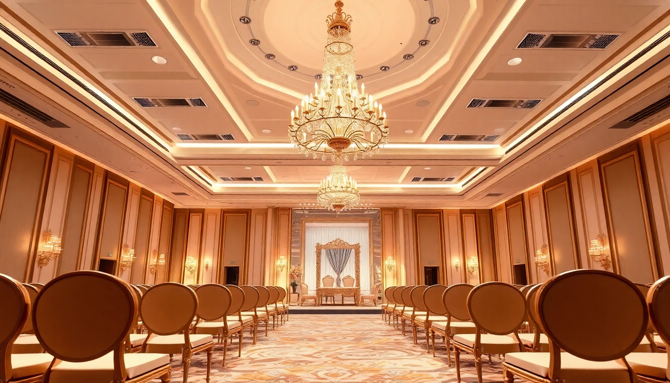 Hosting an elegant event at le prestige hall featuring luxurious decor and a grand chandelier.