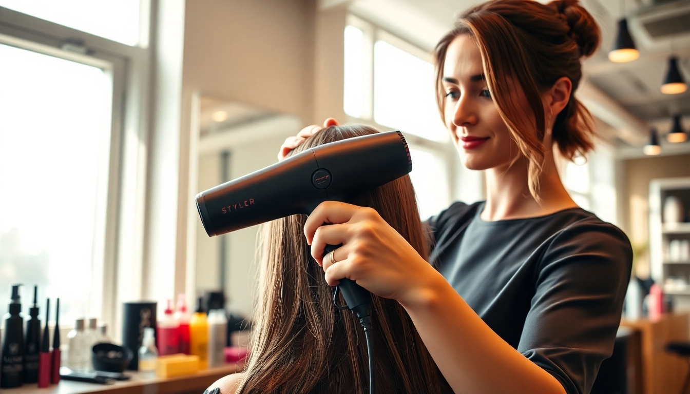 Styler hair dryer showcased in a modern salon for professional hairstyling.