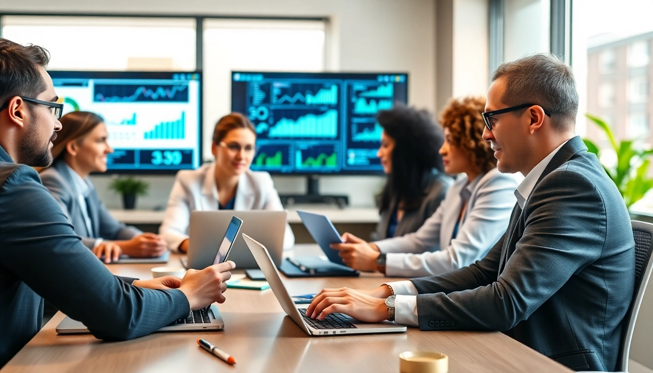 Leverage ai for competitive intelligence in a vibrant business meeting analyzing data insights.