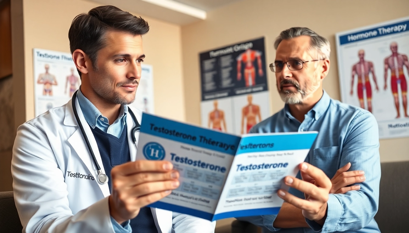 Engaged discussion between doctor and patient about Testosterone Replacement Therapy benefits and options.