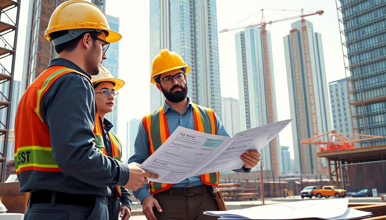 DAS 142 form discussion among contractors at a construction site with urban backdrop.
