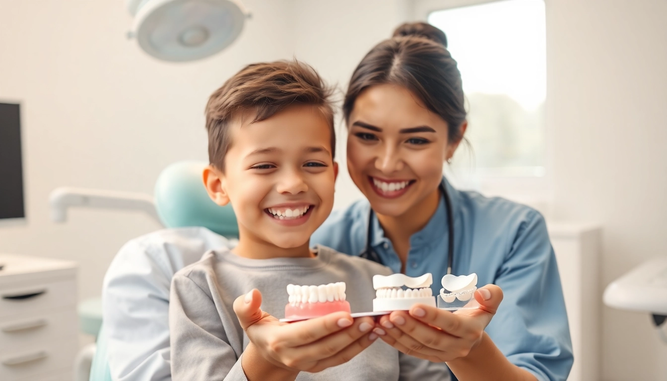 edmonton orthodontist interacting with a child patient in a bright modern clinic.