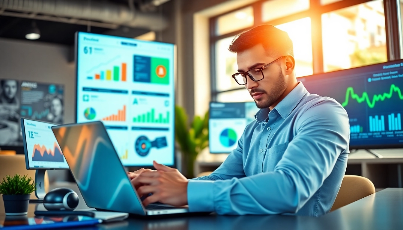 Engaged marketer utilizing an AI content marketing platform in a modern office.