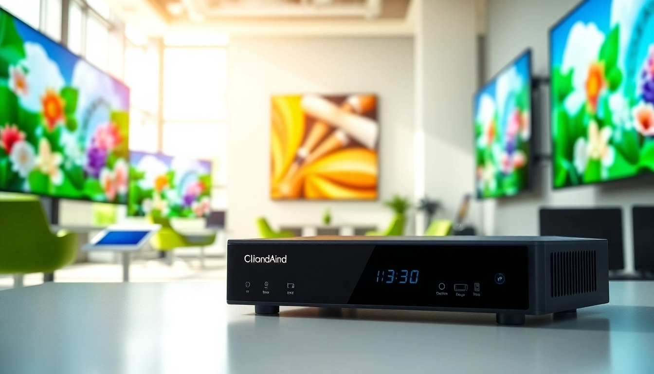 Showcase of an Android digital signage player in a modern office with vibrant content displays.
