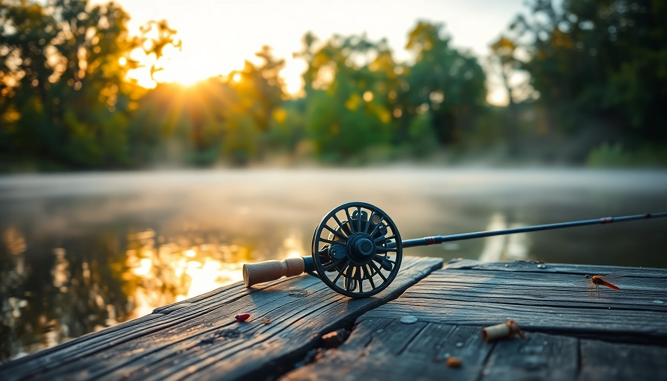 Experience the beauty of a fly fishing combo displayed on a tranquil riverbank at sunrise.