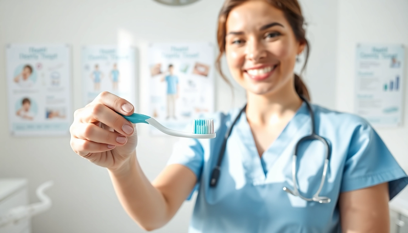 Dental hygienist demonstrating proper hygiene practices while holding a toothbrush in a clean clinic.