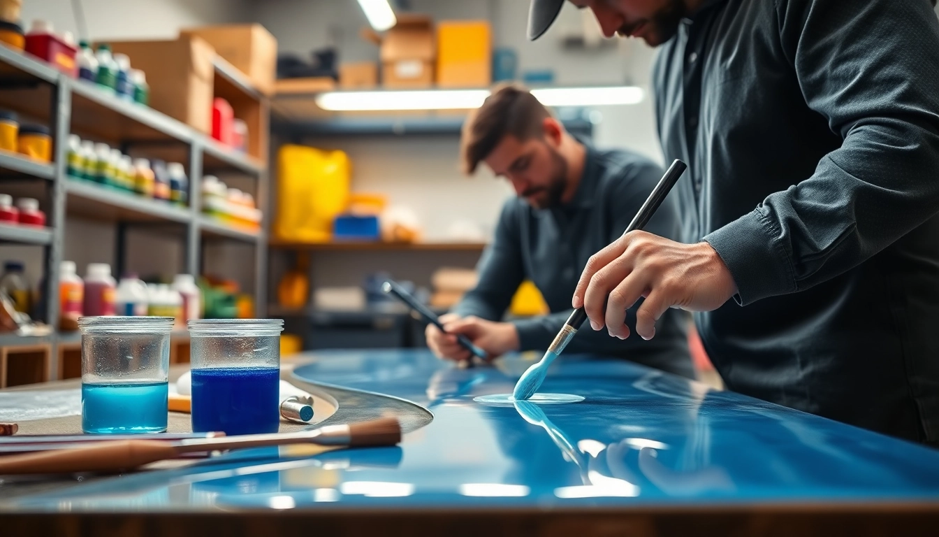 Laminating resin being expertly applied in a workshop setting with vivid tools and materials.