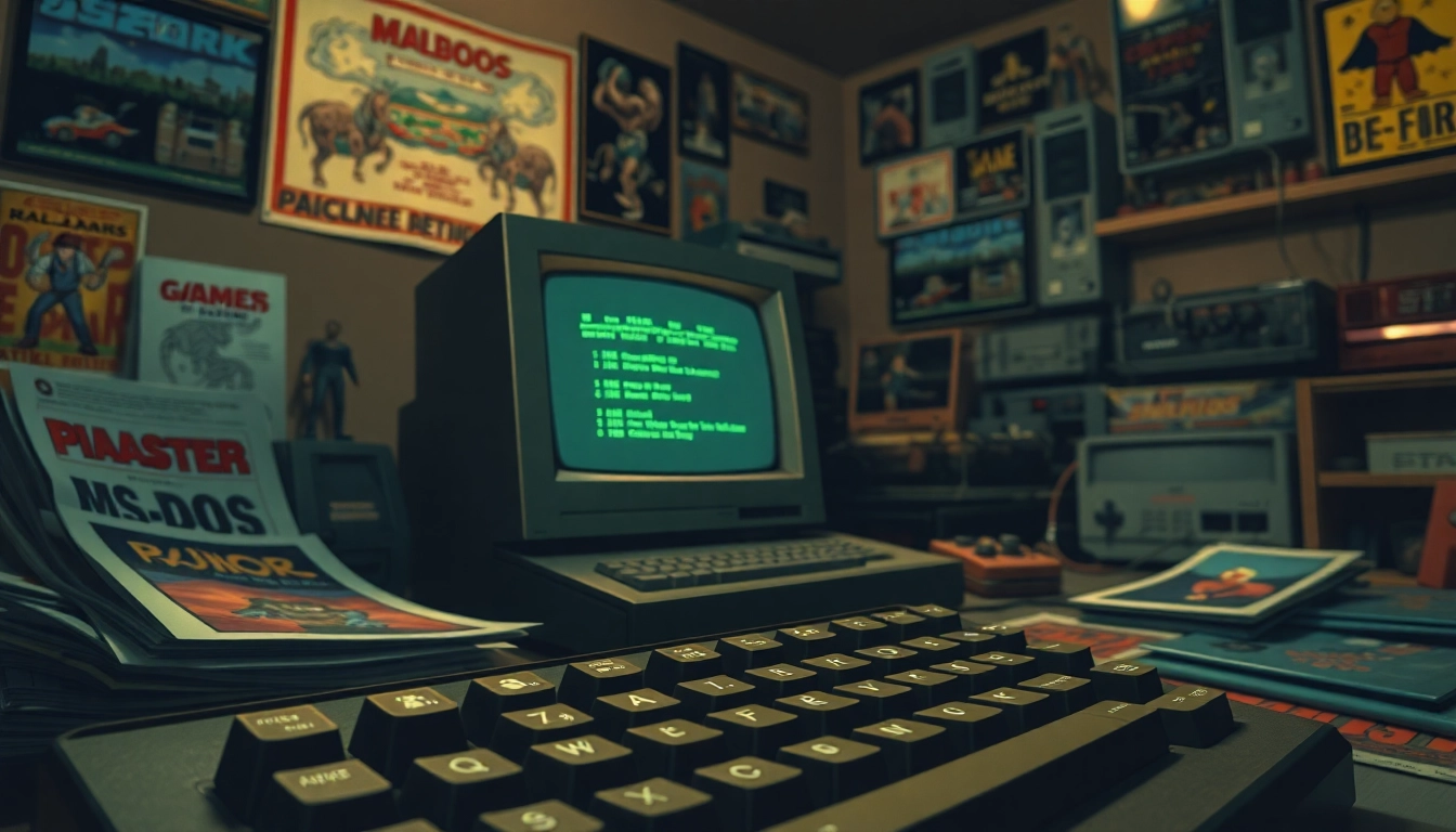 Play DOS games on a vintage computer setup with nostalgic gaming memorabilia.