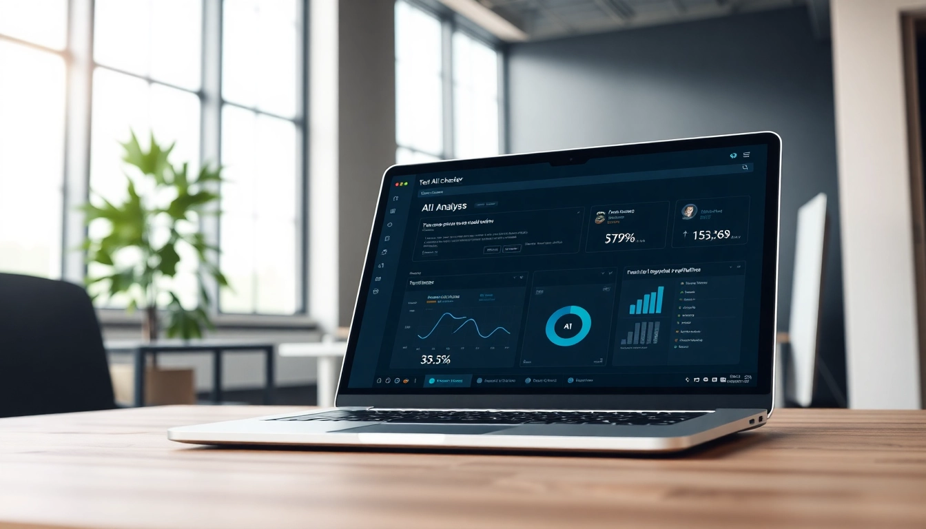 Analyze text with an AI checker displayed on a modern laptop in a professional office setting.