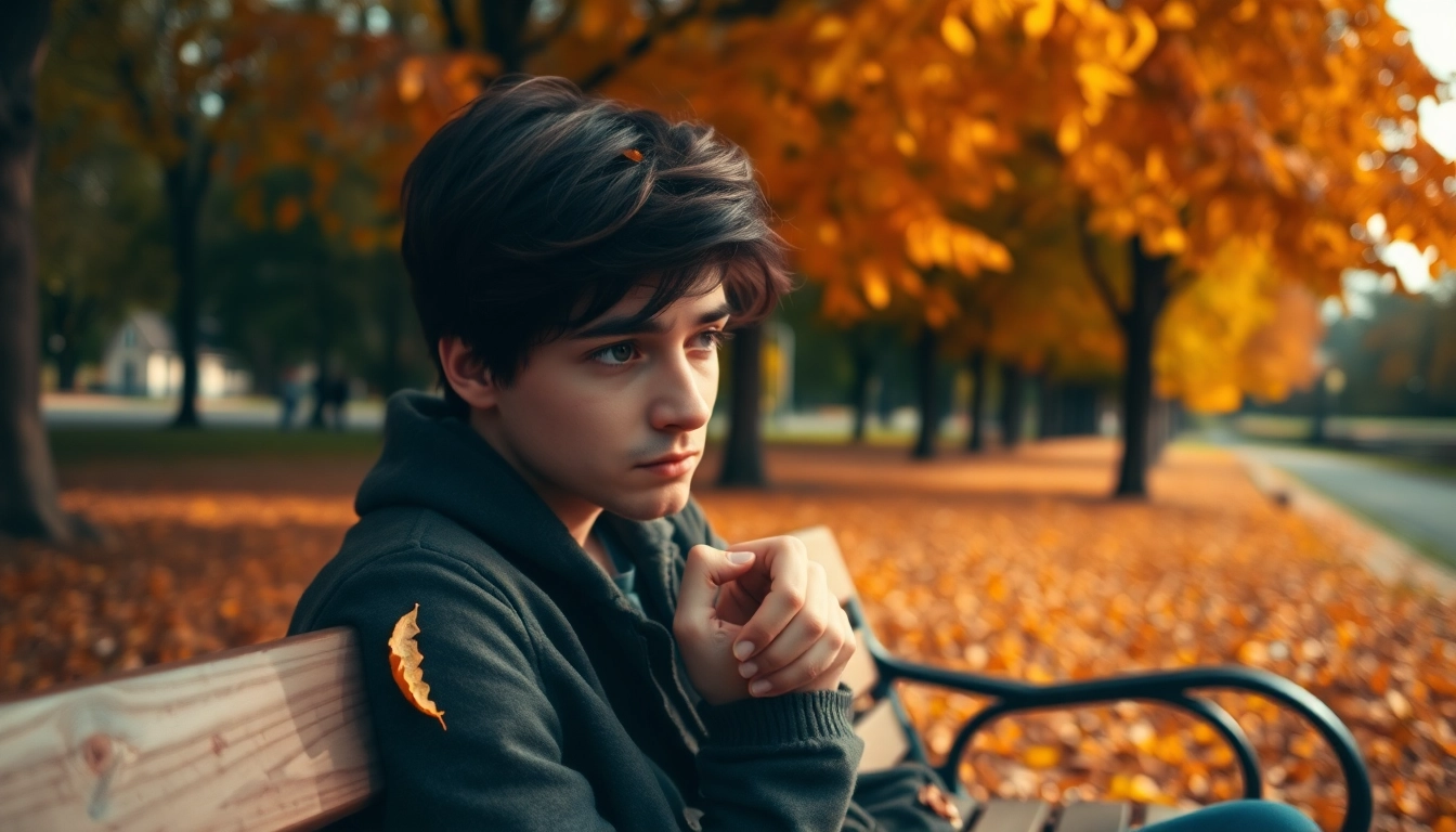 Person reflecting on a relationship breakup while sitting on a park bench surrounded by autumn leaves.
