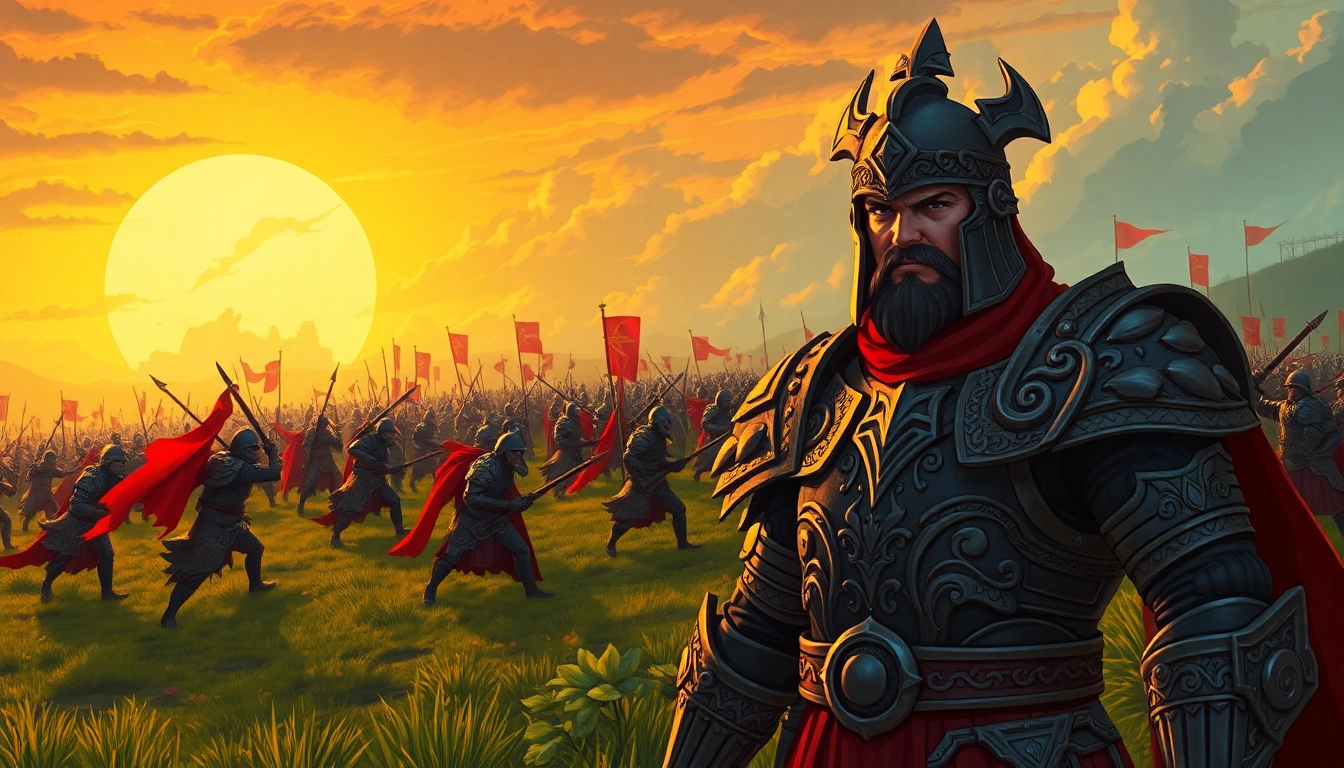 Warlords strategizing in a vibrant battlefield, highlighting intricate armor details and heroic atmosphere.