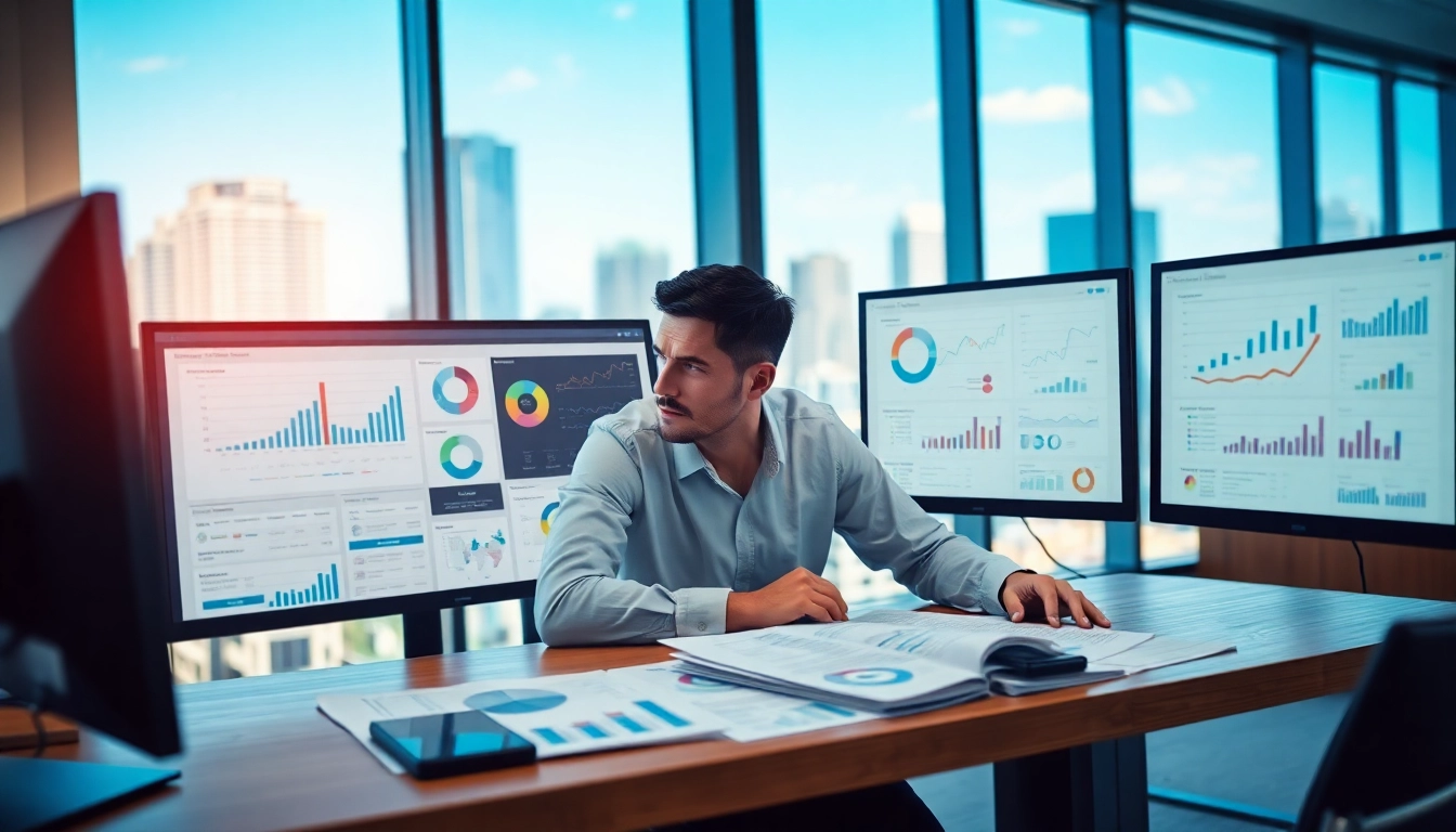Analyze competitive intelligence data with tools and reports in a modern office.