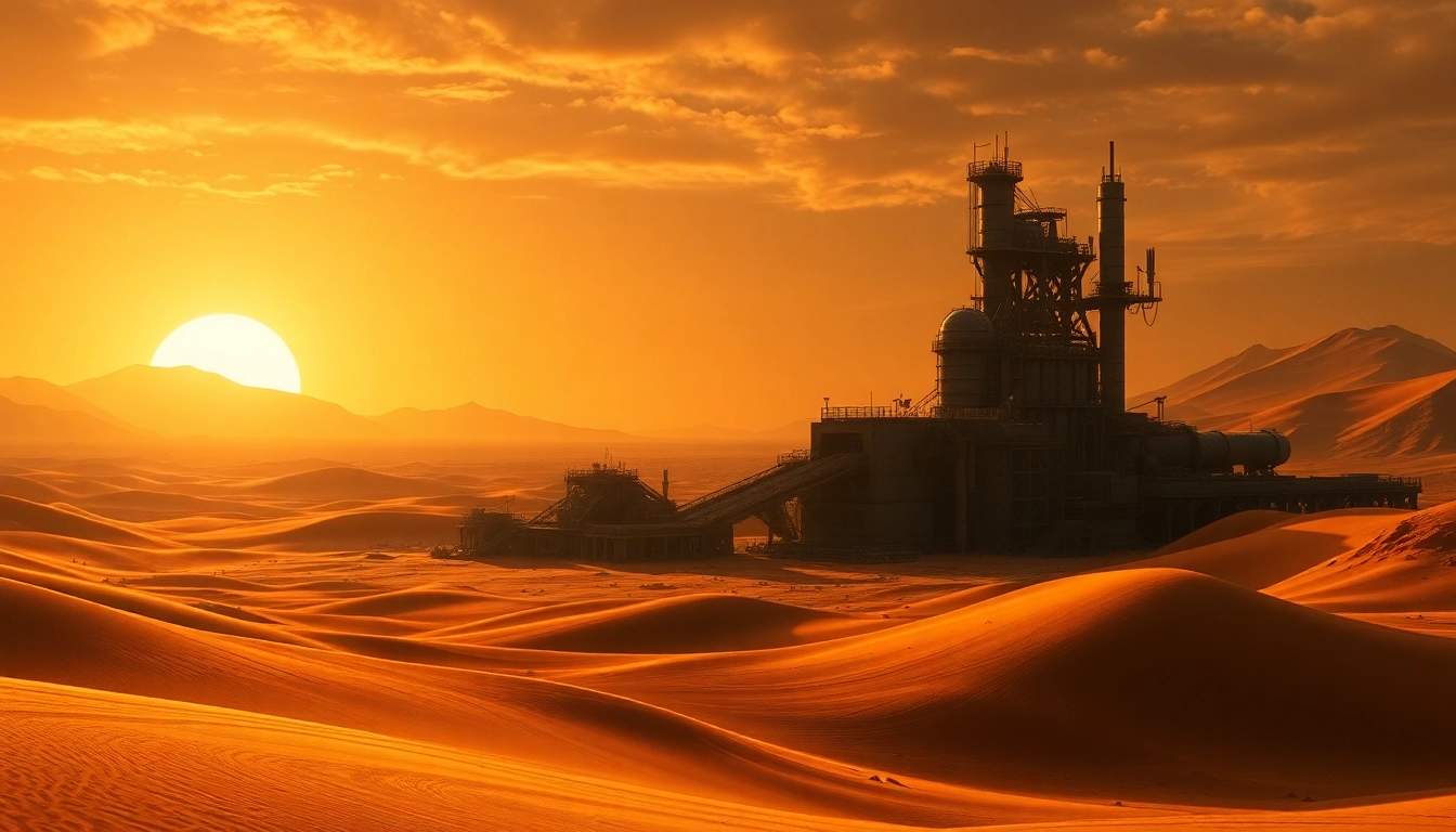 Dune 2 download interface showcasing landscape of spice factory and desert dunes.