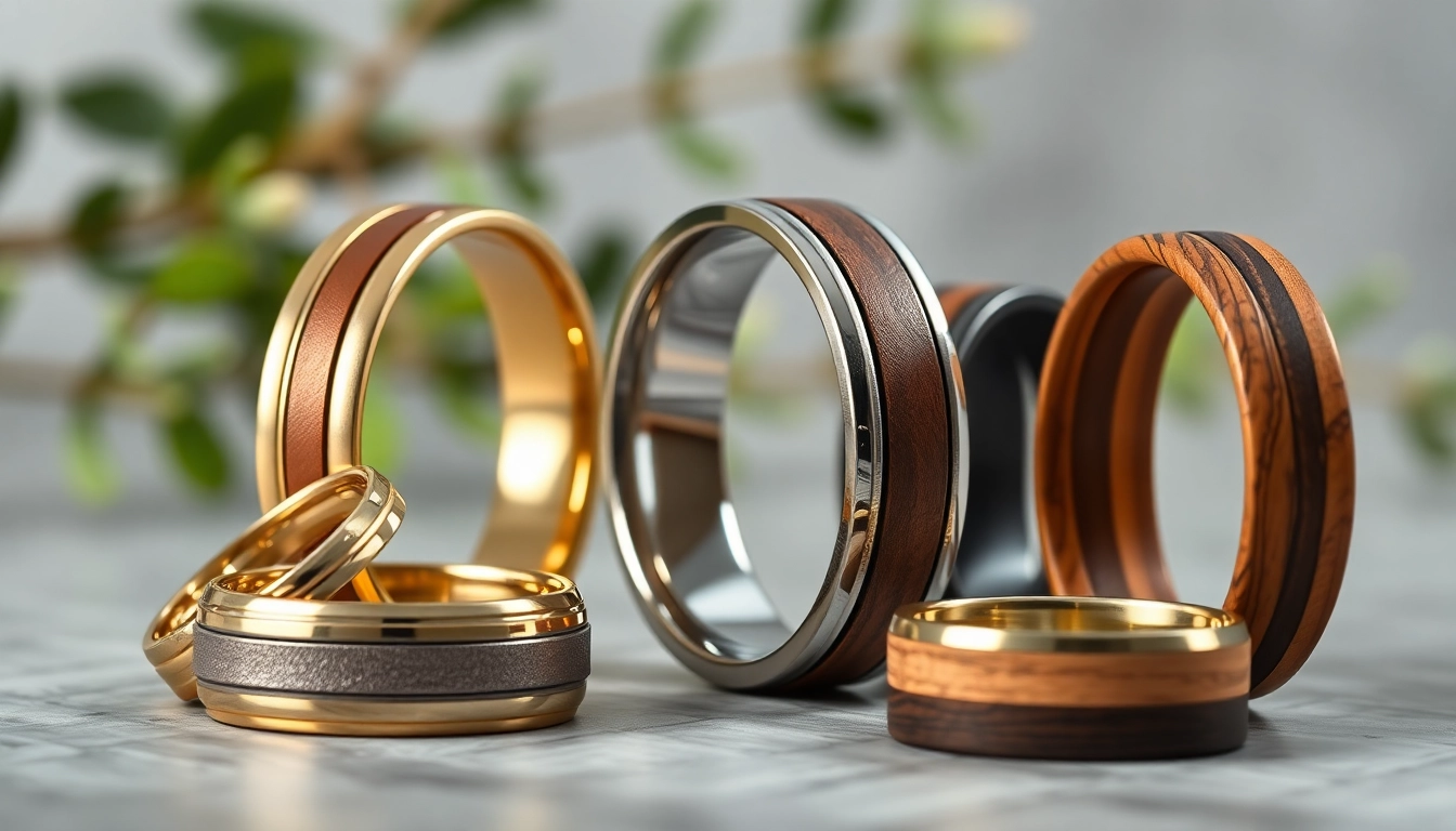Showcasing elegant men's wedding bands with diverse designs including gold, tungsten, and wood.