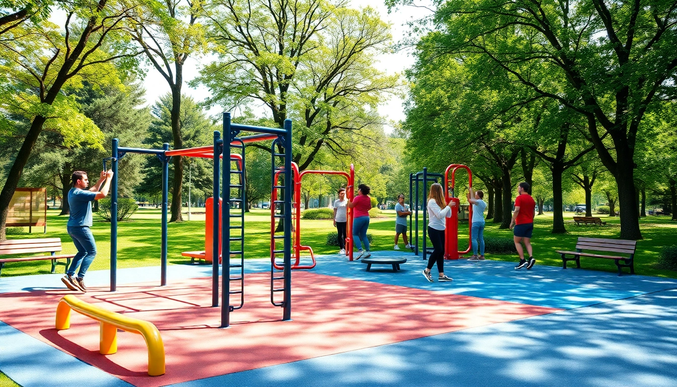 Engaging outdoor fitness equipment installation in a park encouraging active lifestyles.