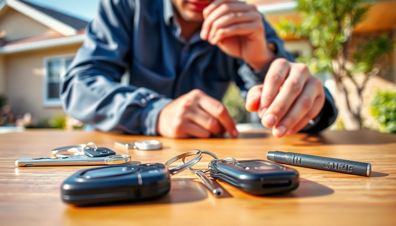 Help for Lost Car Keys with a professional locksmith examining keys and tools.