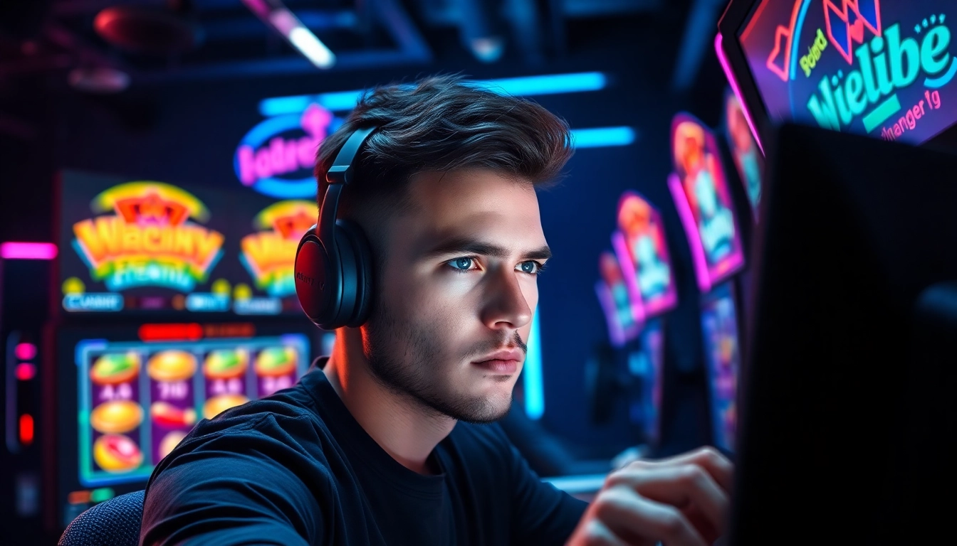 Menampilkan pemain yang fokus bermain batman138 rtp di lingkungan gaming yang modern.