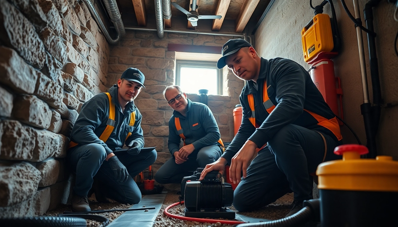 Basement waterproofing company Geneva team executing waterproofing techniques in a residential basement.