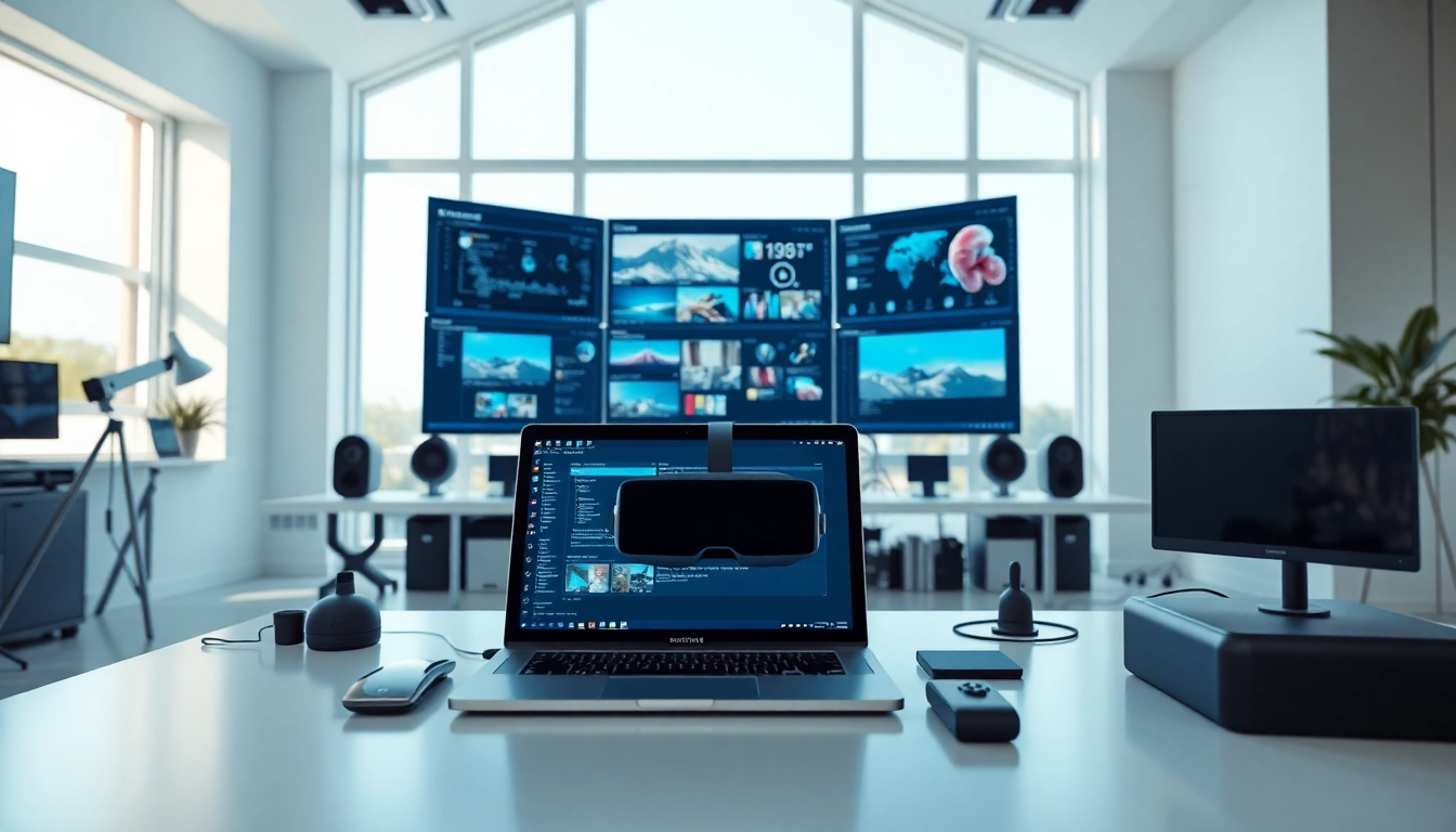 Experience a virtual desktop setup in a sleek home office with modern tech equipment.