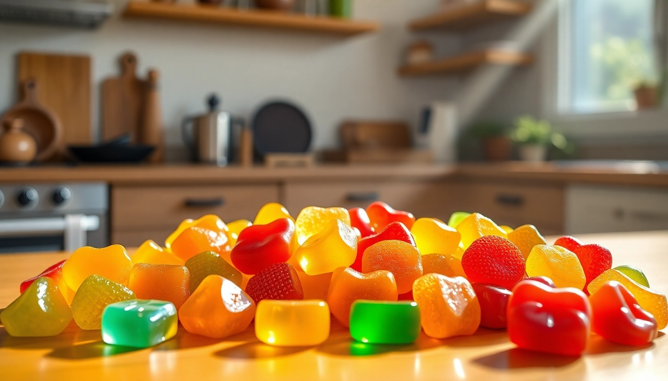 Buy THC gummies displayed artistically with vibrant colors and a cozy background.