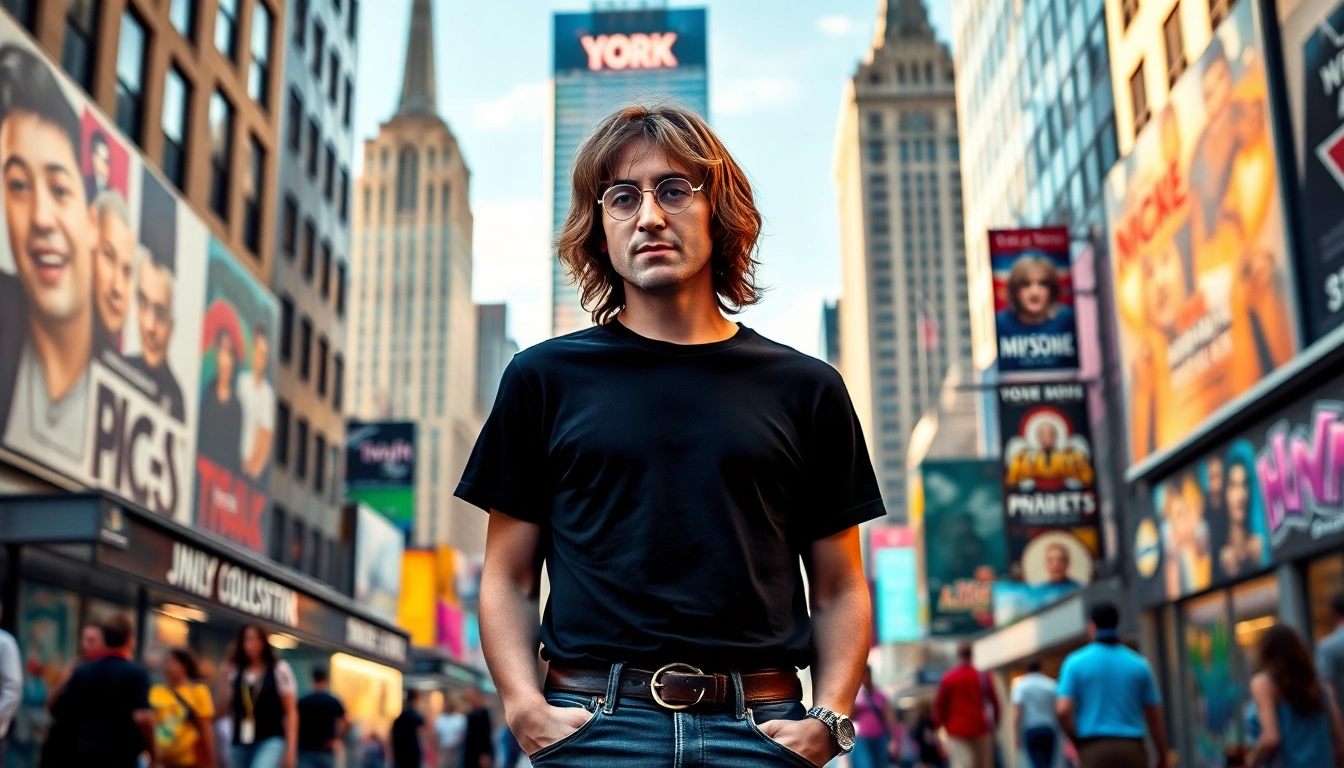 Showcase of a john lennon new york shirt in a vibrant NYC street setting highlighting the iconic design.