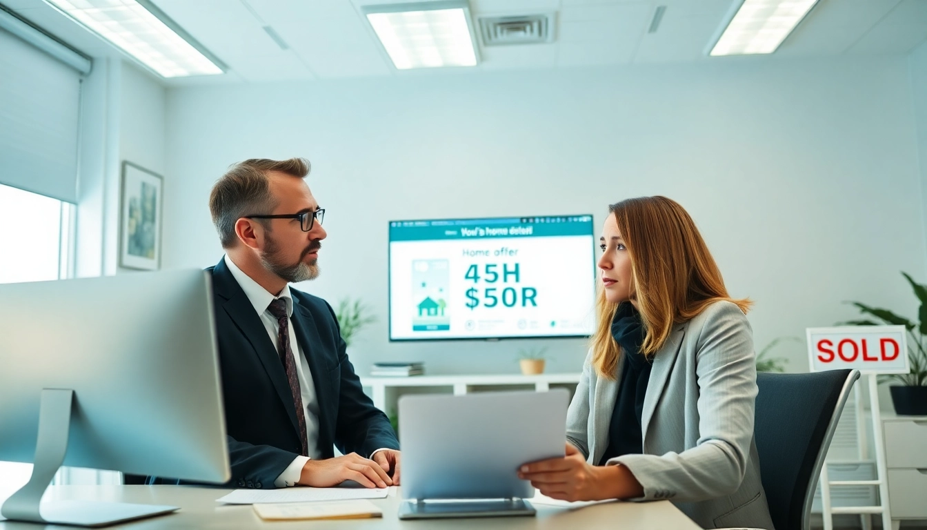 Real estate agent helping a homeowner who wants to sell my house urgently in a modern office setting.