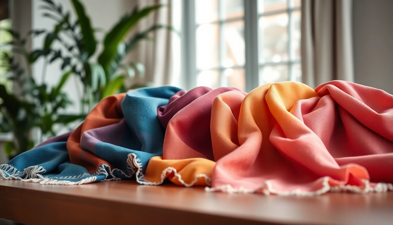 Showcasing vibrant vela scarves arranged elegantly with intricate patterns.