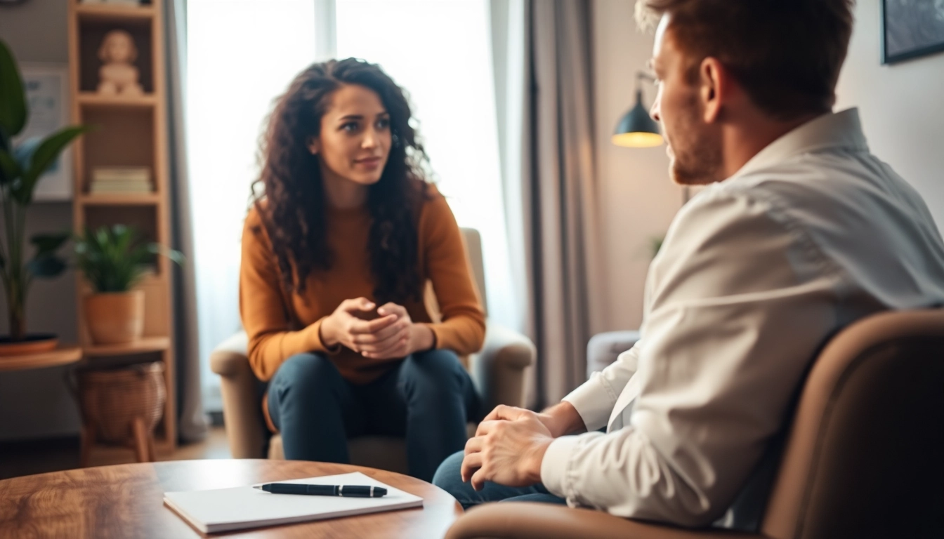Anxiety discussion between a therapist and patient in a warm, inviting setting.