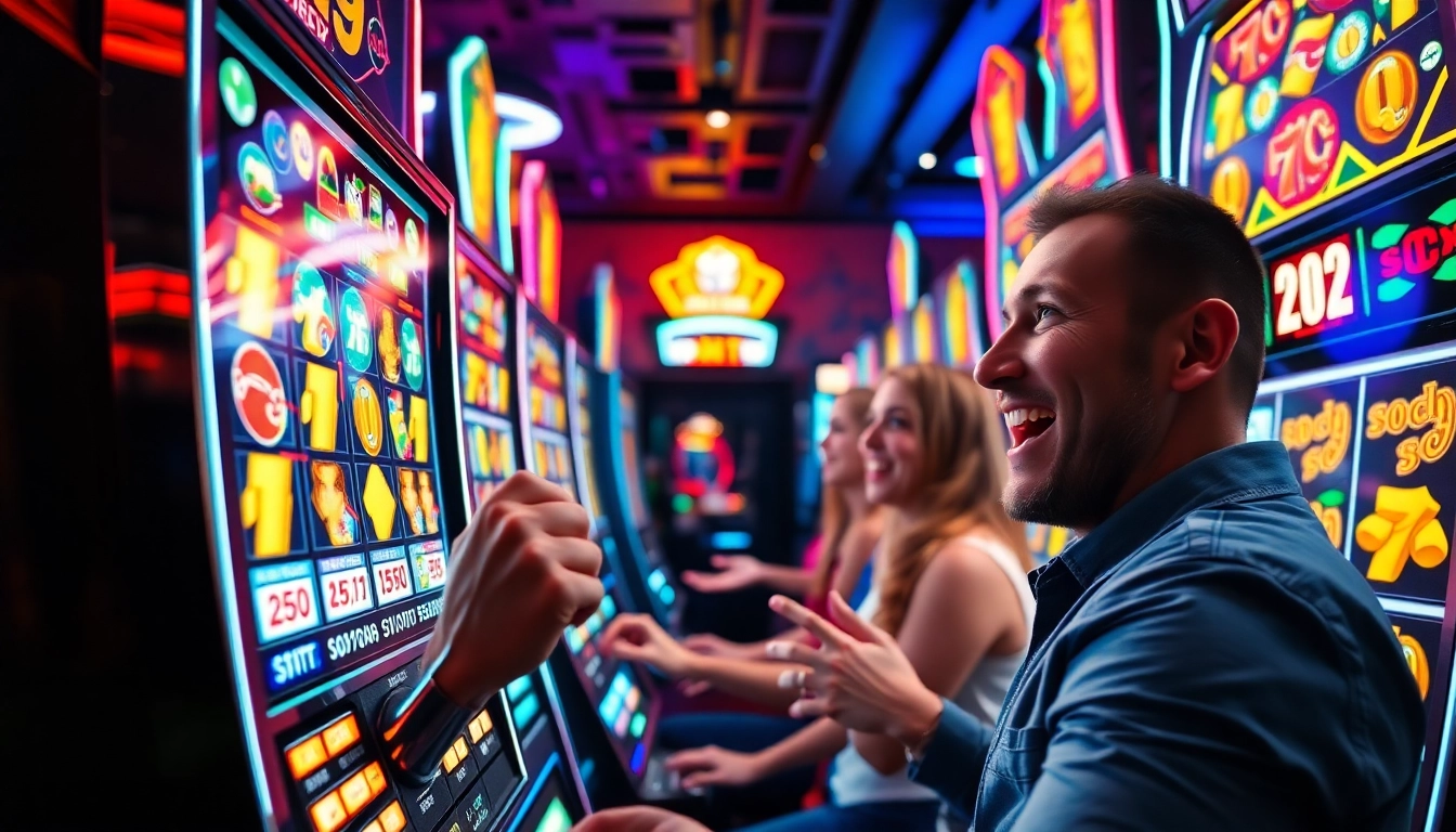 Main game slot machine with colorful graphics and a player experiencing excitement in a casino.