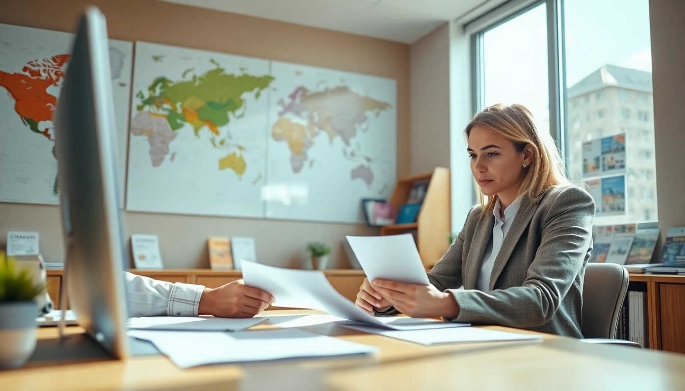 Helping clients with immigration services barrie at a bright, professional consultation desk.