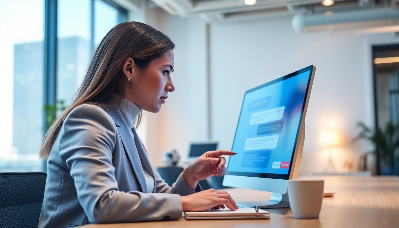 Engage with a chatgpt chatbot on a sleek screen in a modern office.