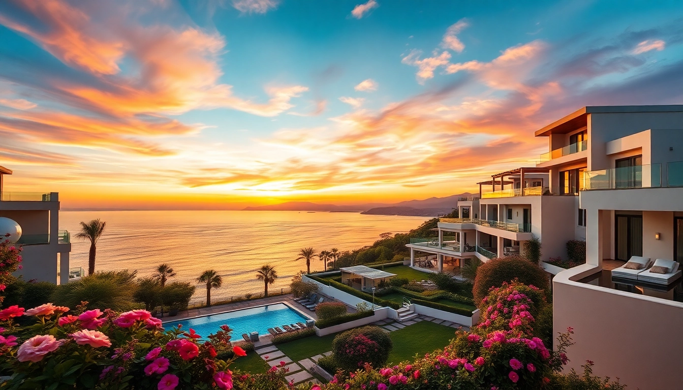 Stunning view of luxury international real estate showcasing high-end villas overlooking a serene seascape.