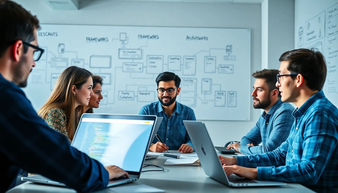 Engaged professionals collaborating on web development projects in a modern office.