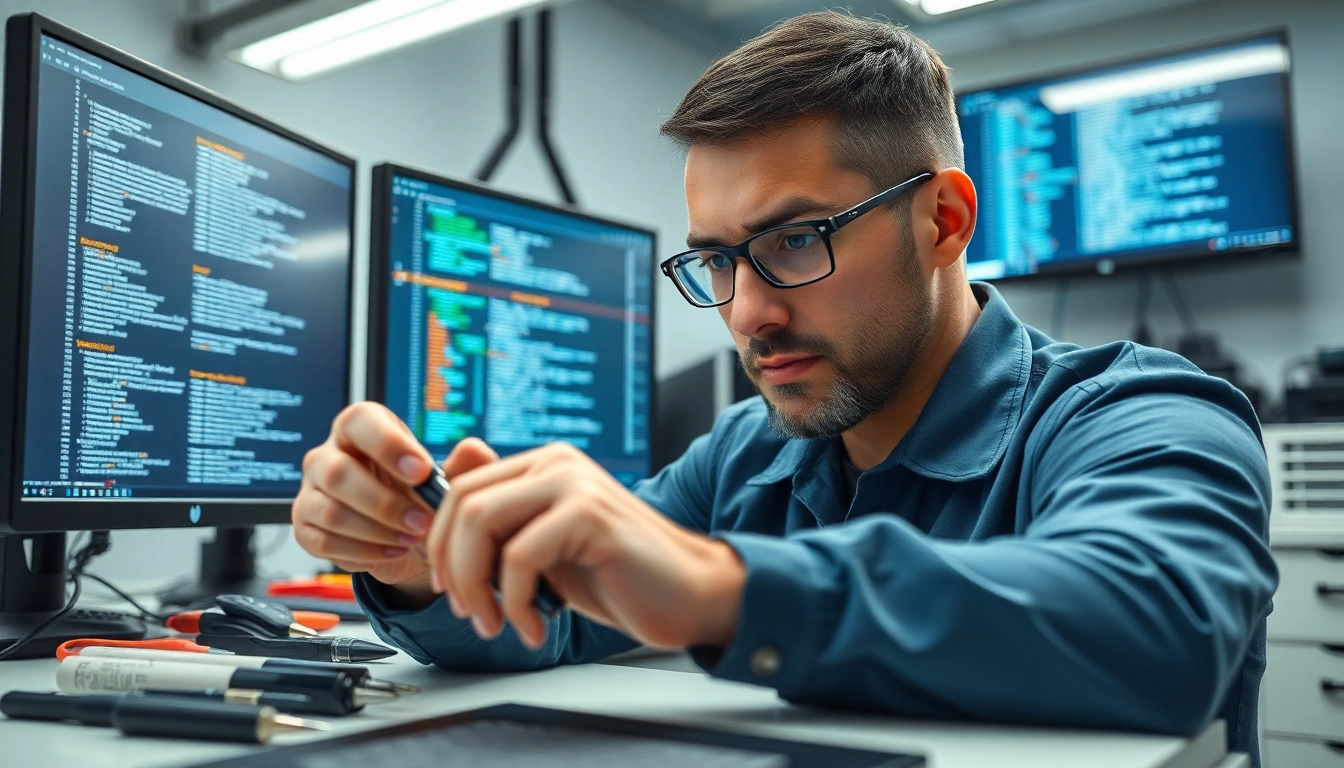 Technician installing dma firmware on a DMA card in a high-tech workspace