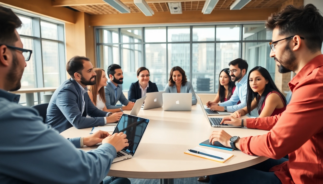 Engaged participants in a professional meeting discussing ideas in a bright conference room.