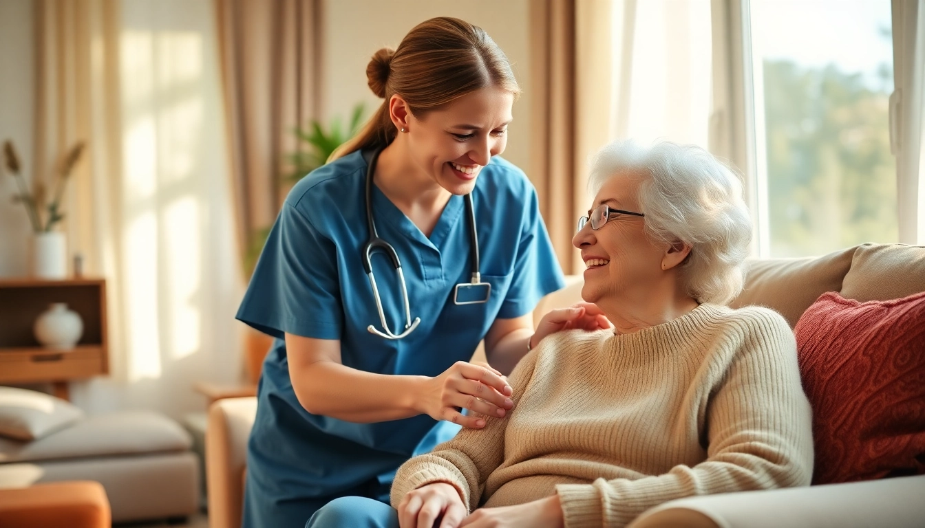 Engaging senior care austin tx scene with a caregiver and elderly woman in a warm setting.