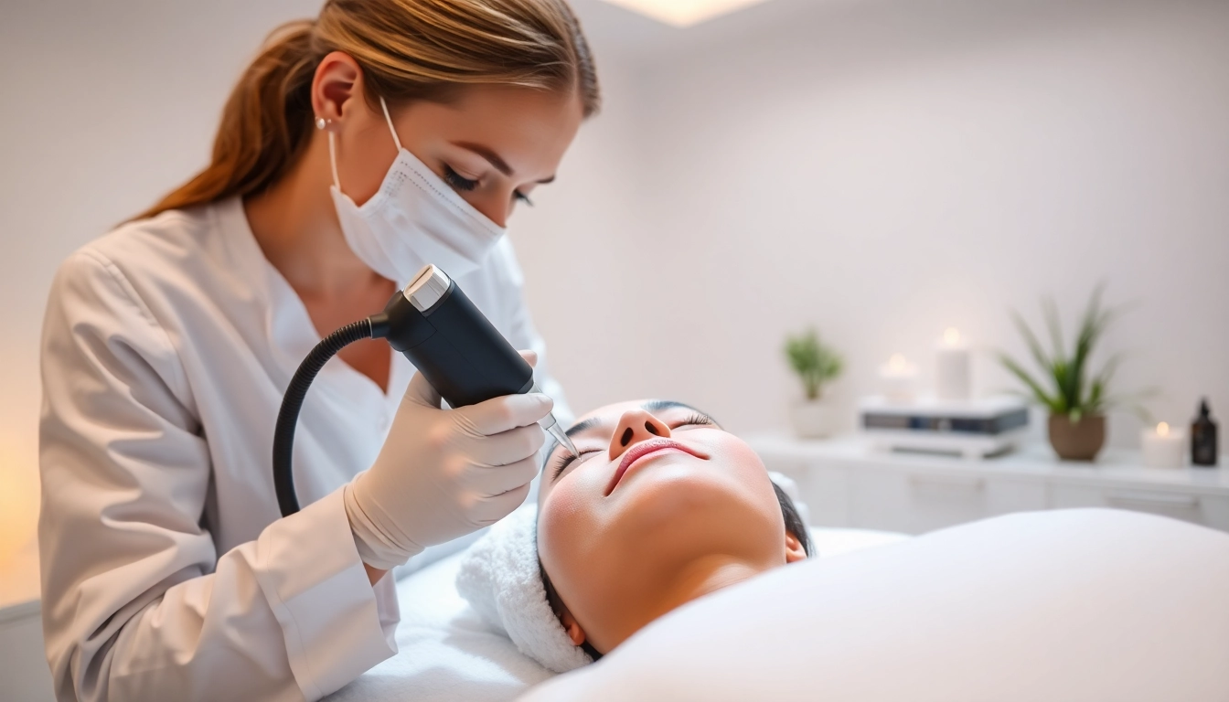 RF microneedling procedure being performed by a professional in a tranquil spa environment.