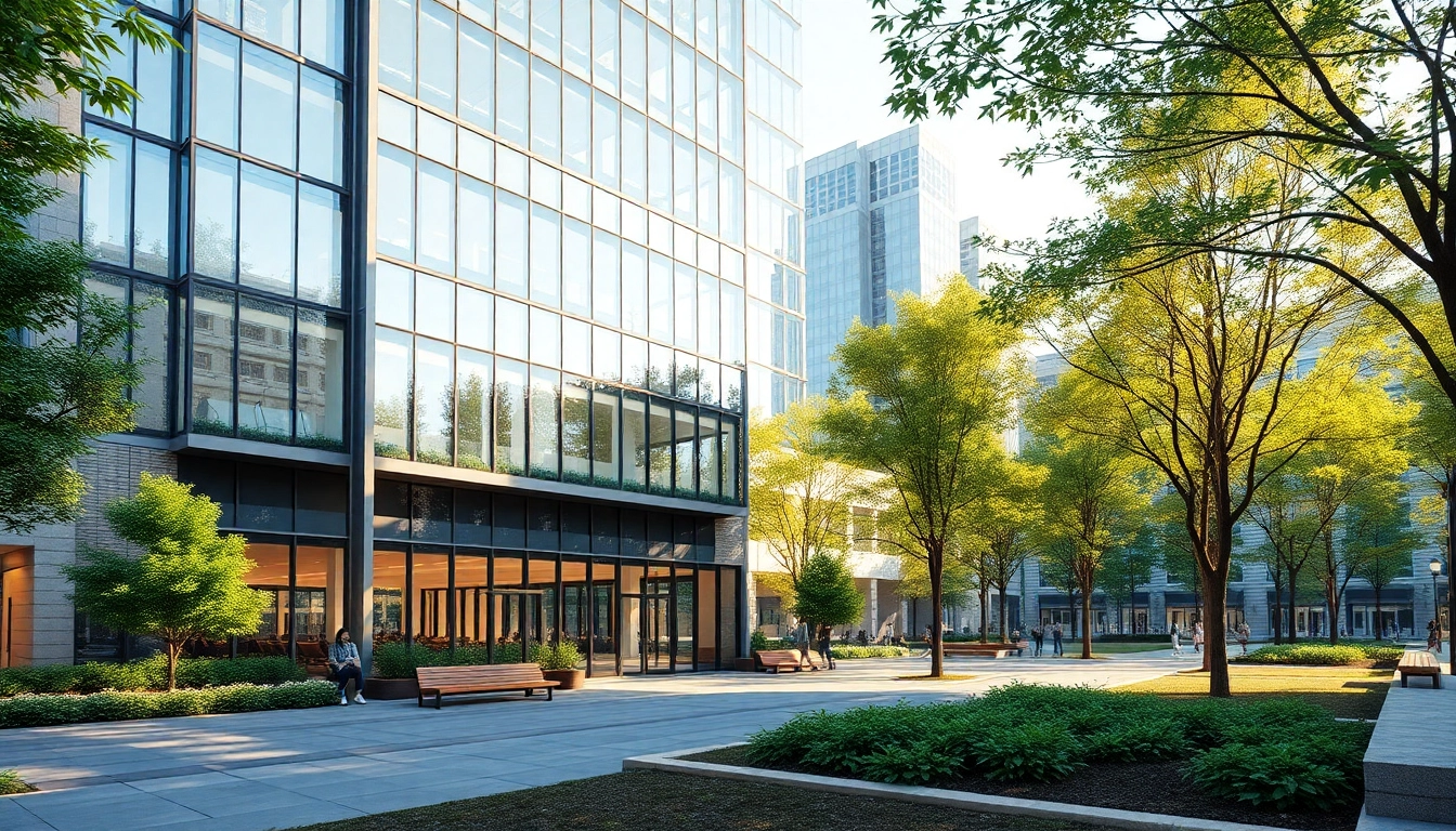 Architekturvisualisierung moderne nachhaltige Gebäude in urbaner Umgebung mit lebendigem Stadtpark.