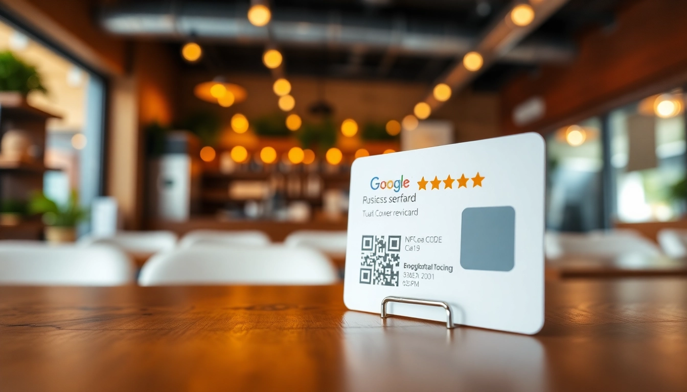 Engaging NFC Google review card from https://www.reviewcardsgoogle.com placed on a table in a modern café setting.