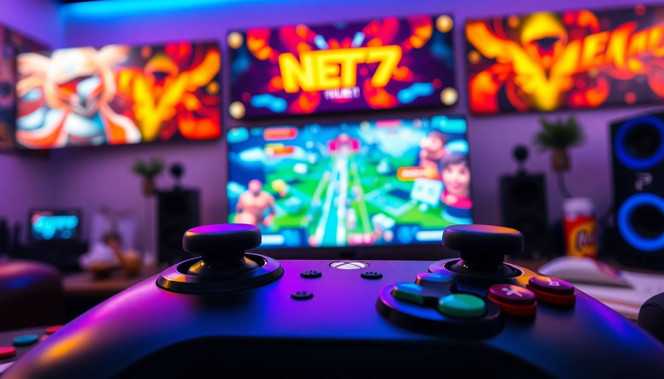 Main event dalam net77 game dengan pengontrol modern dan antarmuka penuh warna.