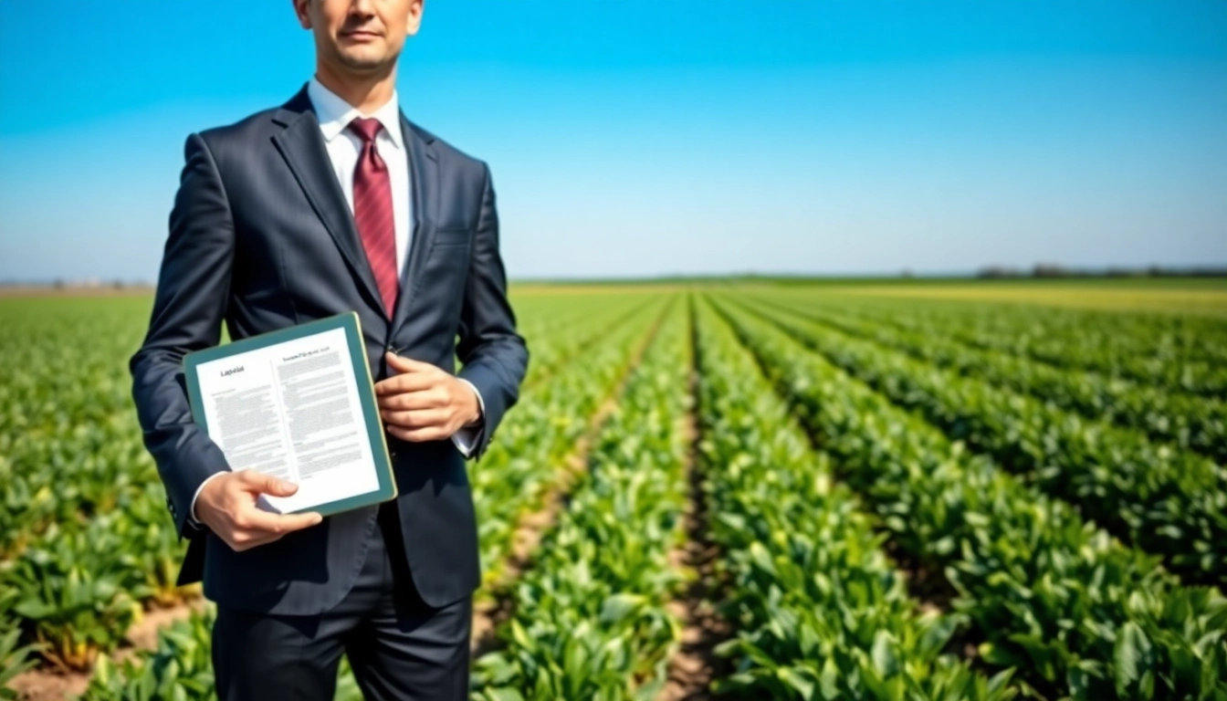 Agriculture lawyer confidently advising in a vibrant farm setting, showcasing trust and professionalism.