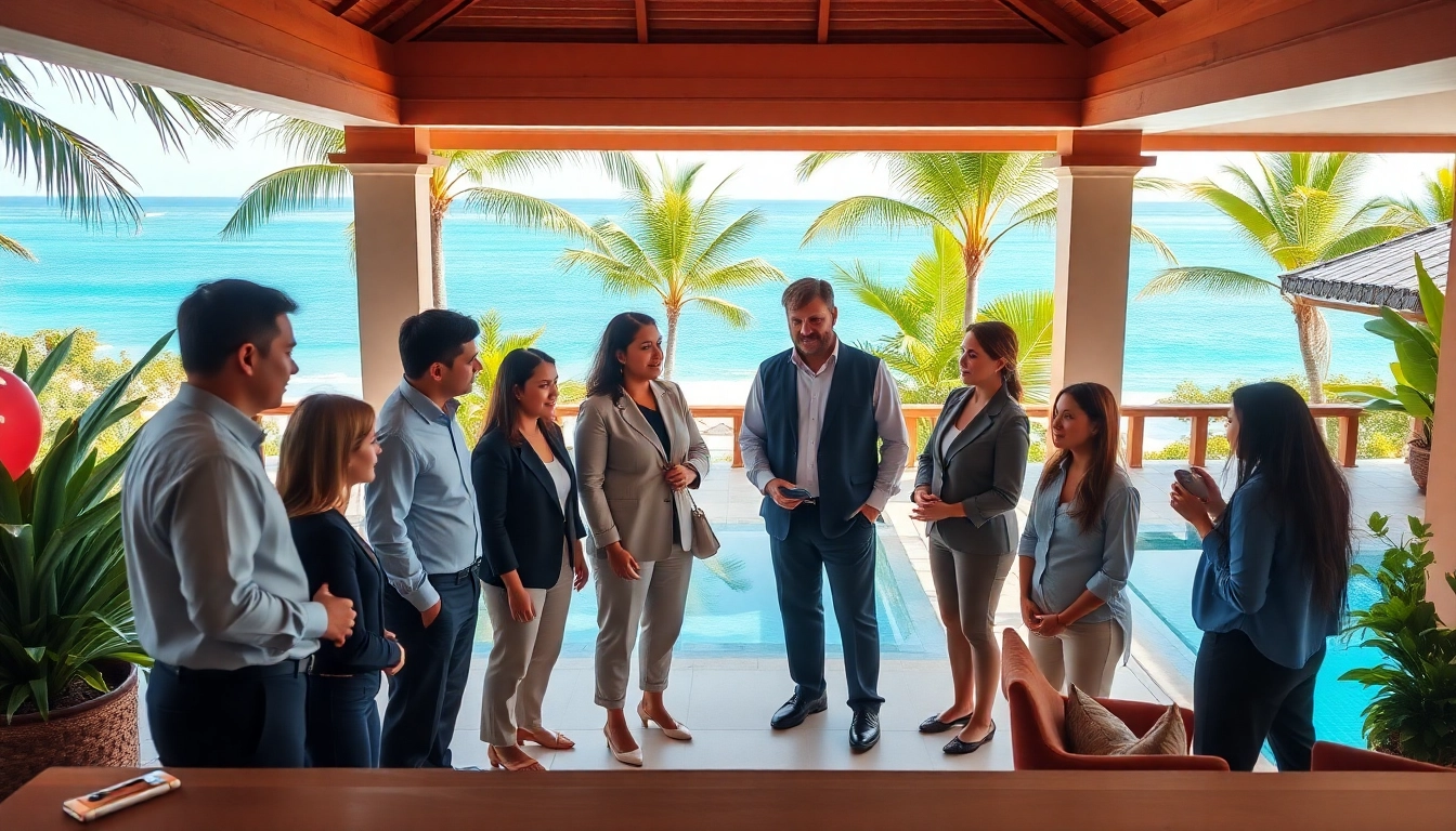 Showcasing villa management team discussing strategies in a lush tropical setting.