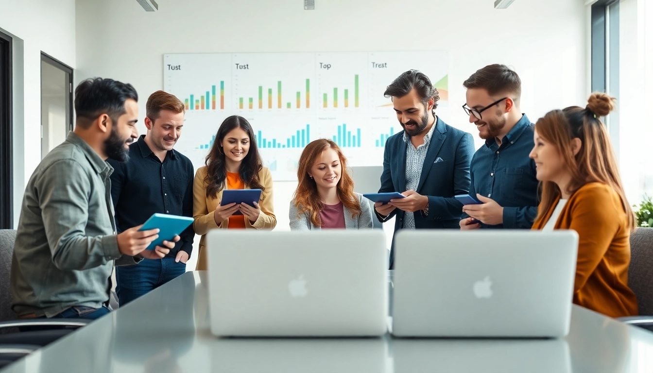 Engaging Edmonton social media marketing team collaborating over strategies in a modern office.