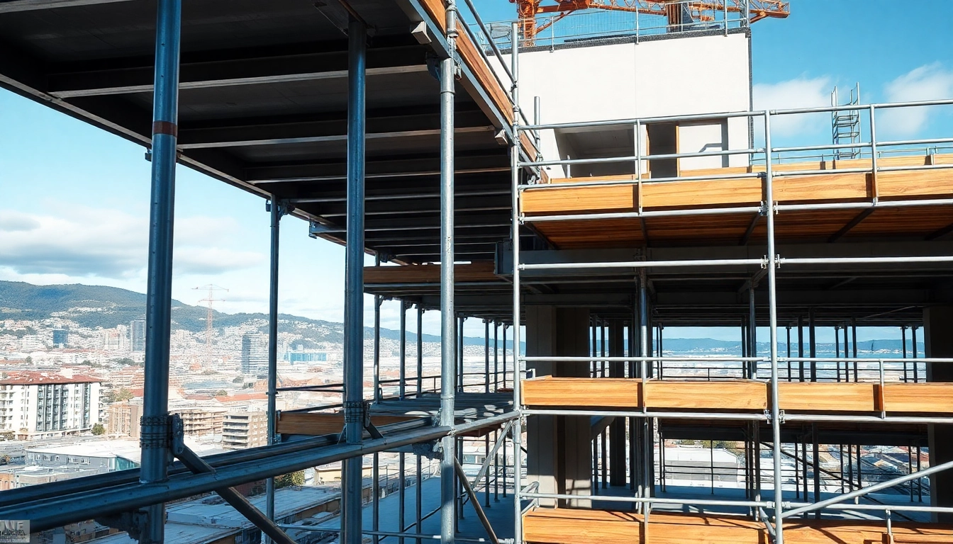 Showcase of Whangarei scaffolding set against a bustling construction site backdrop.