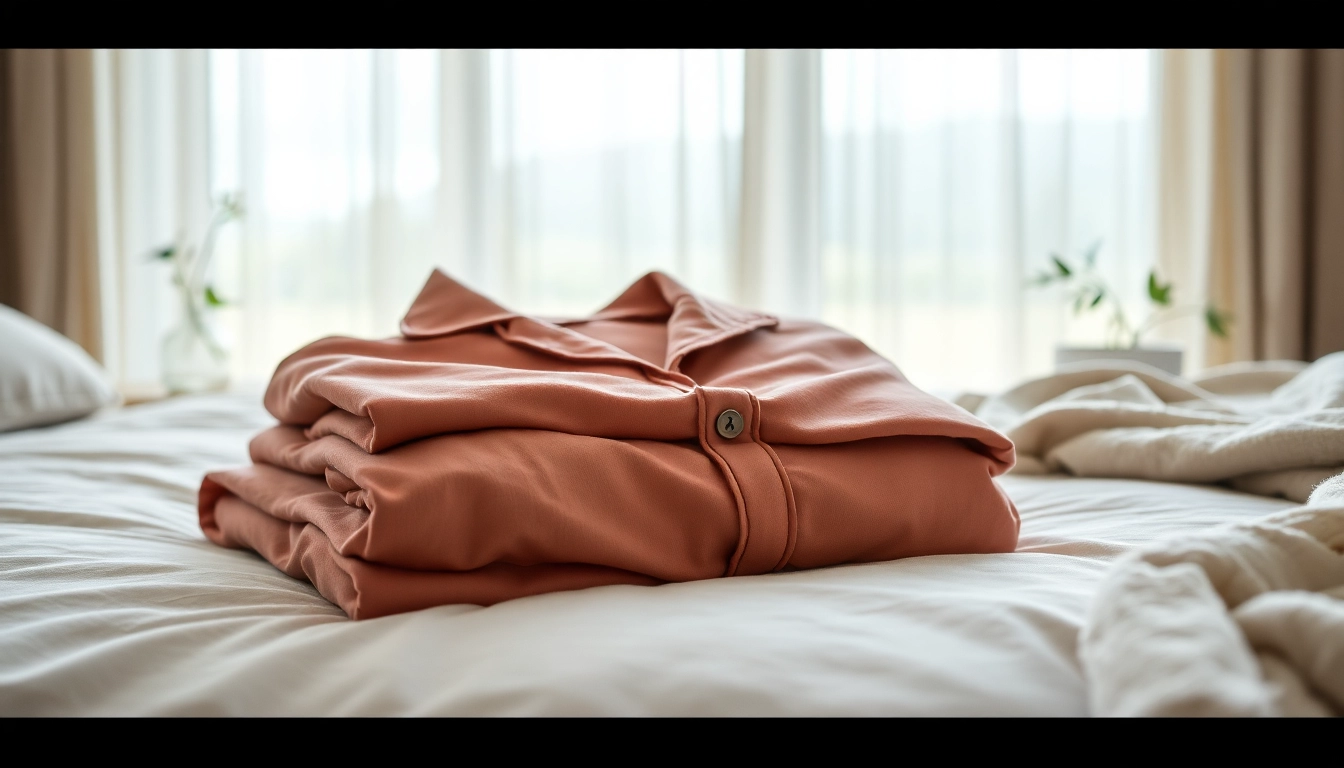 Showcase of bamboo pajamas folded on a bed, highlighting their softness and cozy appeal.