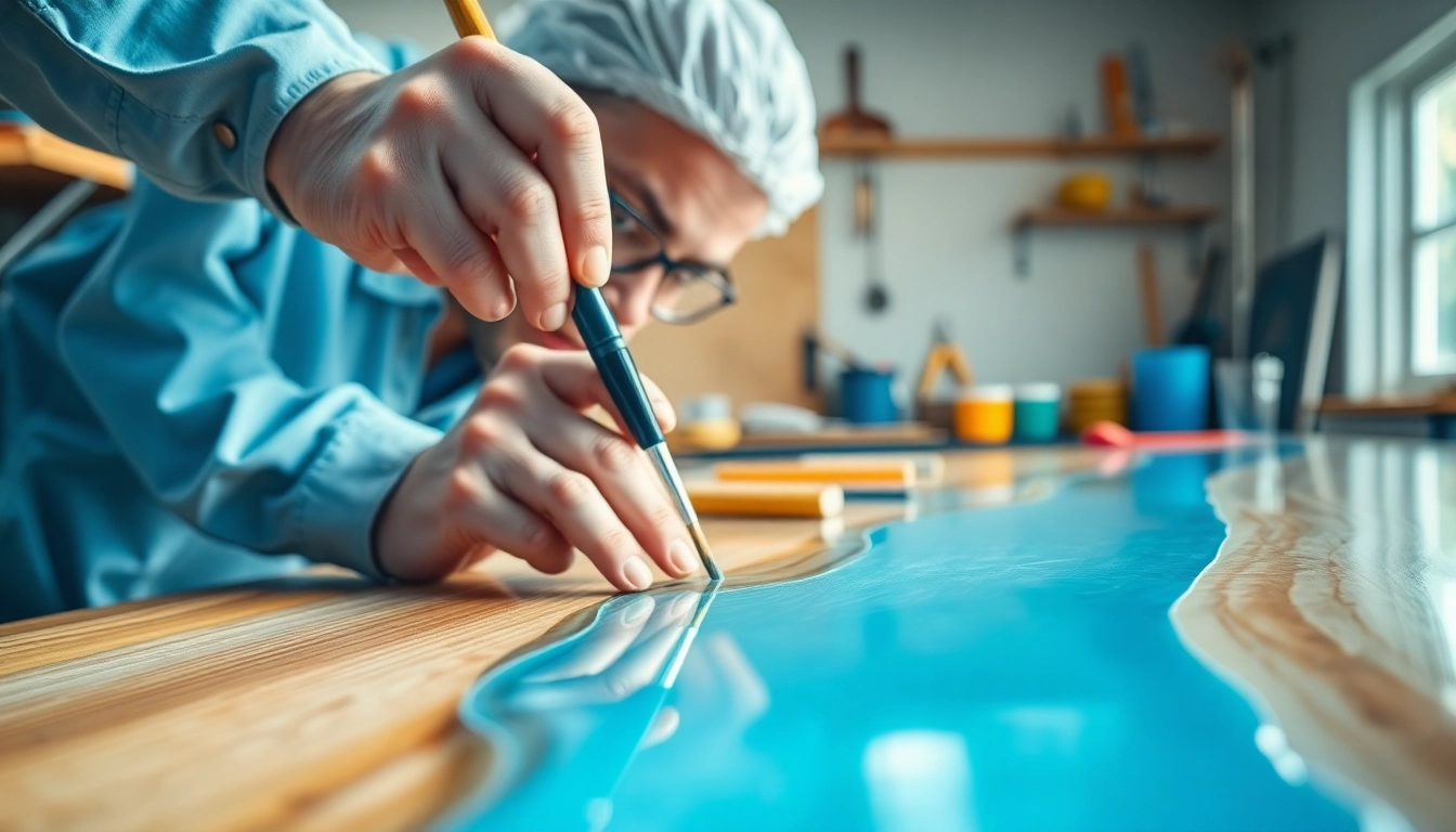 Laminating resin being applied expertly to a fiberglass surface in a bright workshop environment.