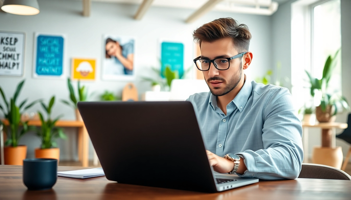Social media management uitbesteden door een professional die aan een laptop werkt in een moderne kantooromgeving.