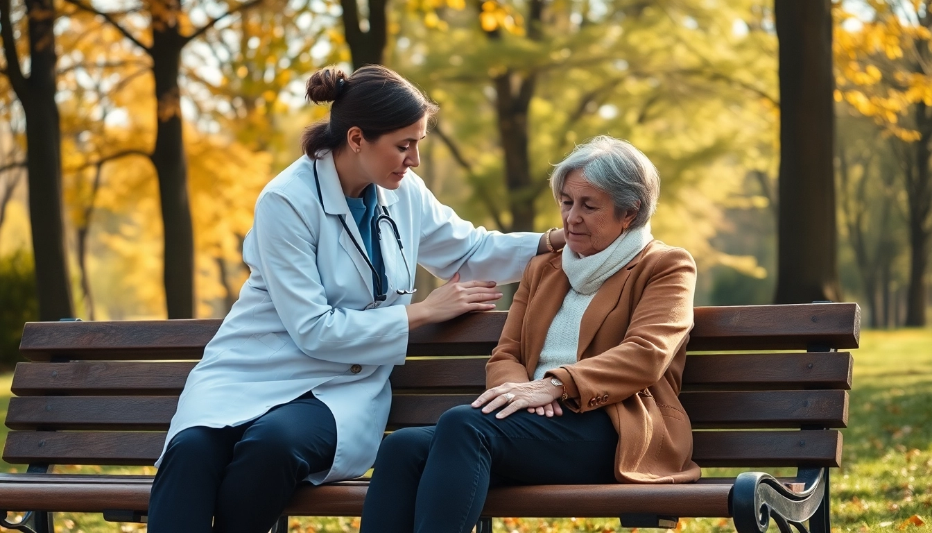 Person dealing with grief receives comfort from a therapist in a serene park environment.