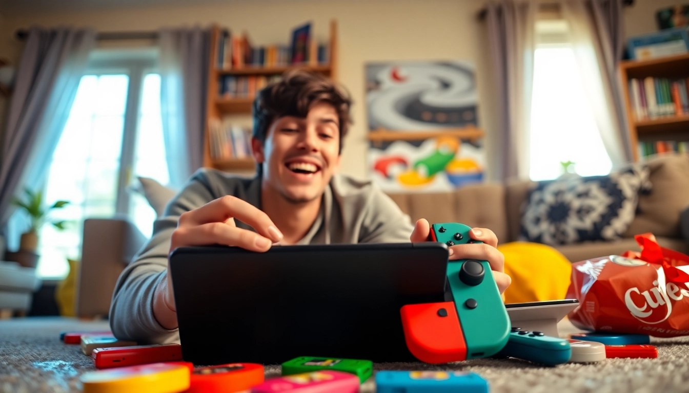 Play exciting Nintendo Switch games in a cozy living room setup with game cartridges.