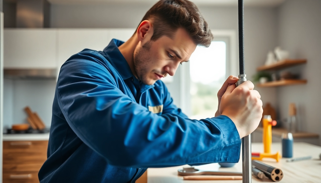 Engaged plumber repairing pipes in a kitchen, showcasing plumbing wake forest expertise.